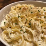 Detailaufnahme von Fettuccine Pasta mit Hähnchenbrust, Knoblauch und Parmesan auf einem eleganten Tisch.