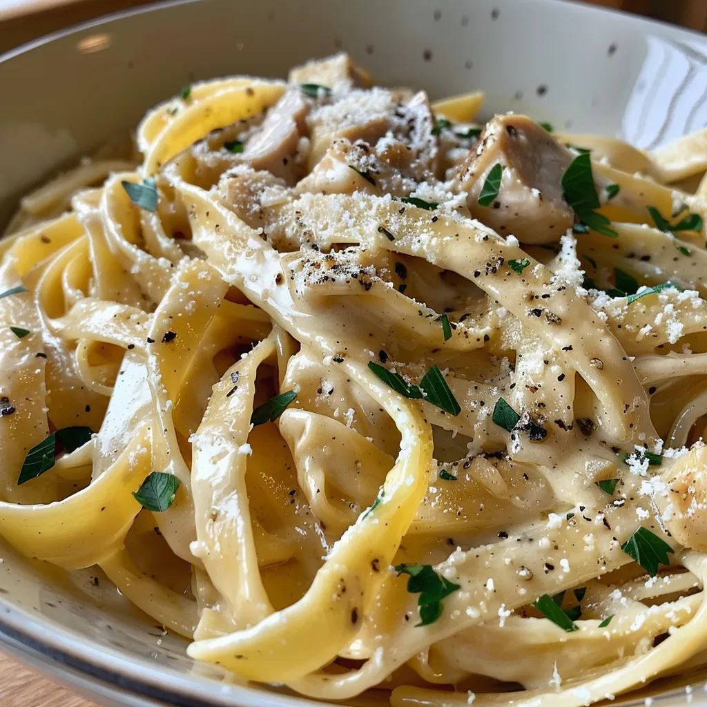 Portion cremige Knoblauch-Hühnchen Alfredo Pasta, garniert mit frischer Petersilie und schwarzem Pfeffer.