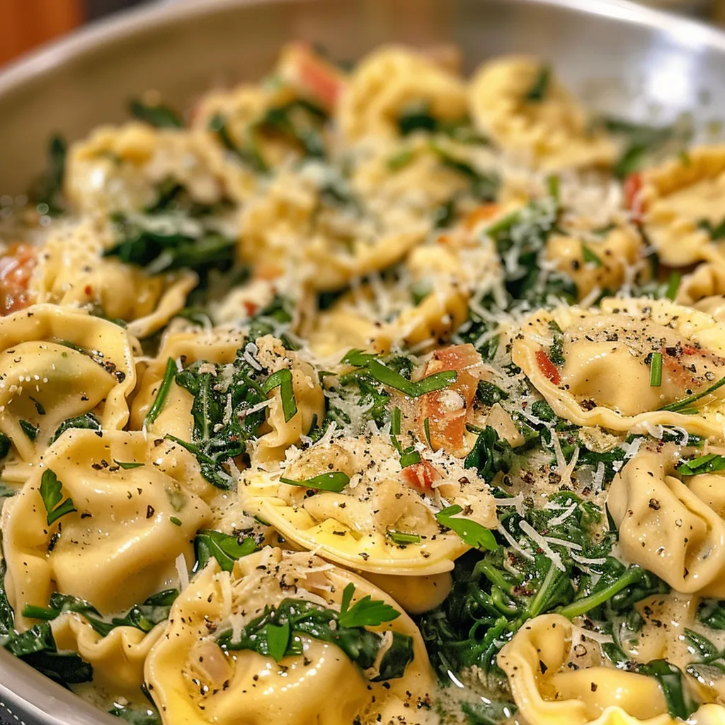 Eine seitliche Ansicht von Spinat-Tortellini, dekoriert mit Käse.