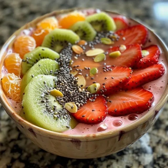 Disfruta de una Tazón de Smoothie de Fresas: Frescura y Sabor en Cada Cucharada Detailaufnahme eines Erdbeer-Smoothie-Bowls, garniert mit Nüssen und Samen.