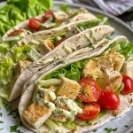 Detailaufnahme von Chicken Caesar Wraps mit saftigem Hähnchen und Kräutern.