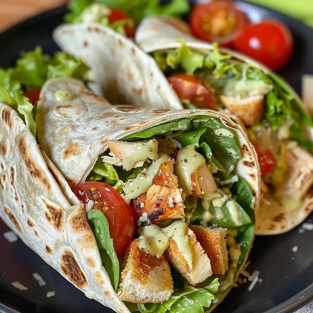 Nahaufnahme von gefüllten Tortillas mit Hähnchen, Salat und Tomaten.