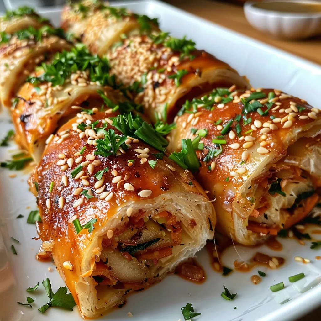 Blick auf eine Auswahl von Frühlingsrollen, gefüllt mit Gemüse, serviert mit Dips.