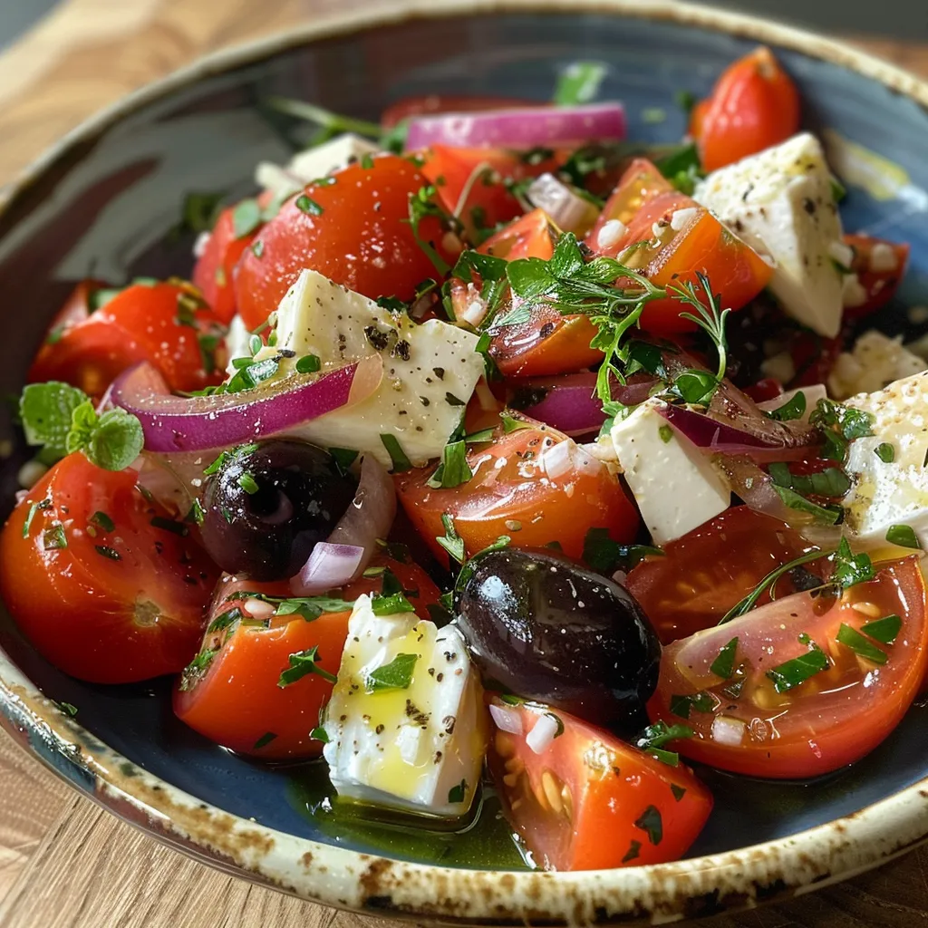 Frischer Griechischer Bauernsalat mit Oliven und roten Zwiebeln.