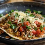 Detailansicht von Käse-Blumenkohlboden Tacos, garniert mit frischem Koriander und Oliven.