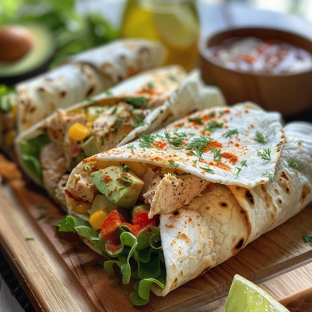 Seitenansicht eines appetitlichen Käse-Knoblauch Hähnchen Wraps, dekoriert mit frischen Zutaten.