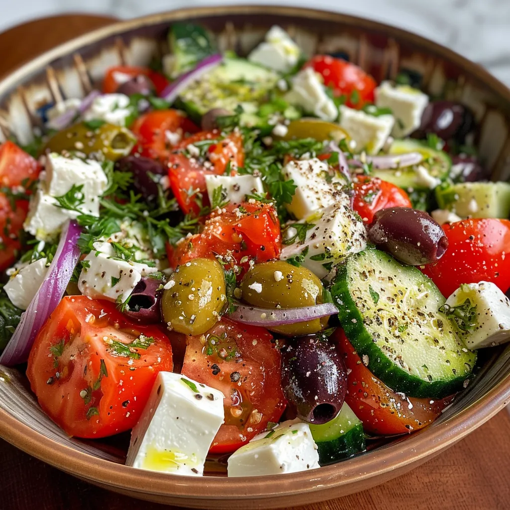 Bild eines appetitlichen Klassischen Griechischen Salats mit Oliven und Zwiebeln.