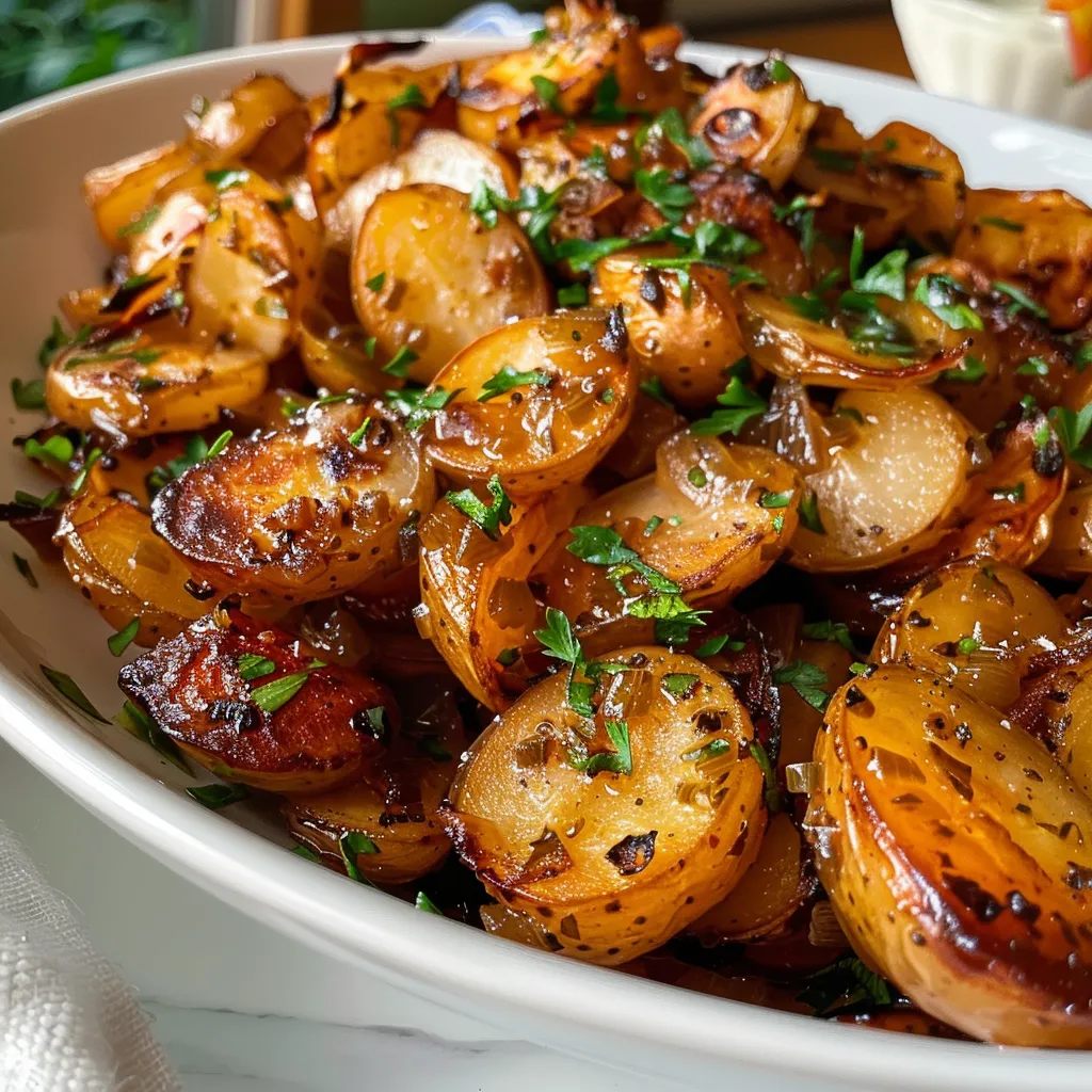 Detailaufnahme eines bunten Kräuter-Kartoffelsalats.