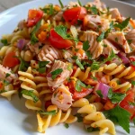 Seitenansicht eines leckeren Nudelsalats mit verschiedenen Zutaten.