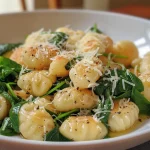 Gnocchi mit Spinat in einer weißen Schüssel, verziert mit zerbröckeltem Käse.