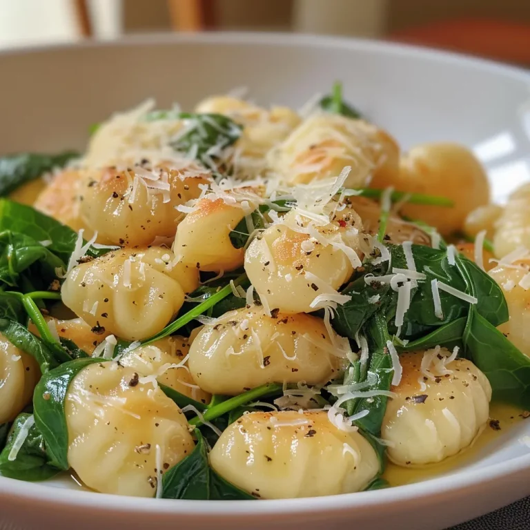 Gnocchi mit Spinat in einer weißen Schüssel, verziert mit zerbröckeltem Käse.