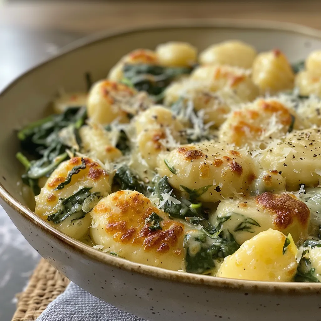 Detailaufnahme von One Pot Gnocchi mit Spinat, umgeben von frischen Zutaten.