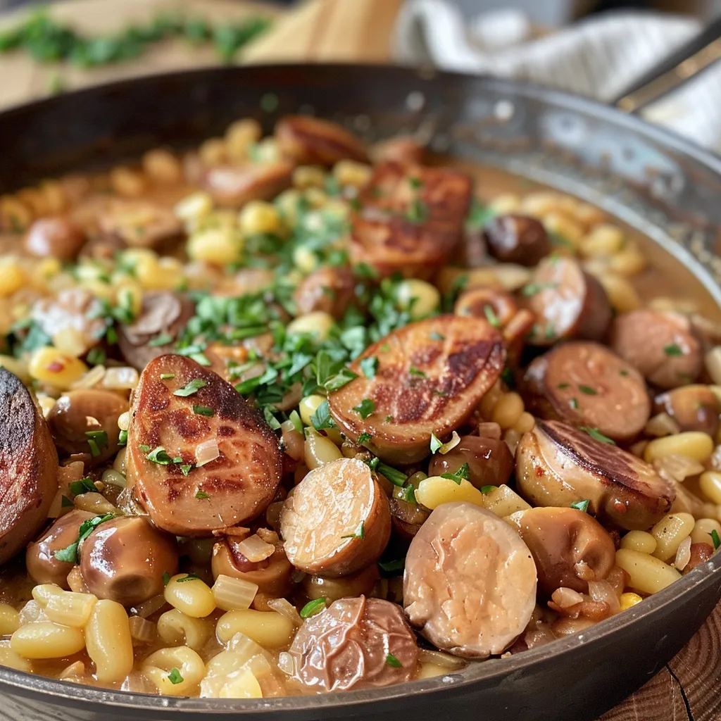 Zubereitungsansicht eines Hähnchen-Reis-Eintopfs mit frischen Kräutern.