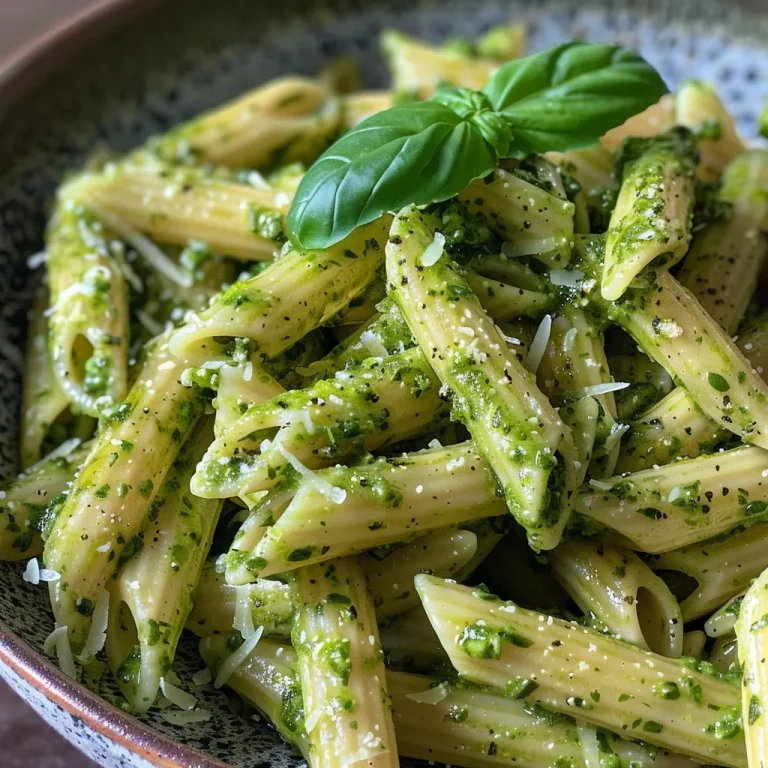 Pasta-Gericht mit Erbsen und hausgemachtem Pesto, angerichtet auf einem Holzuntergrund.
