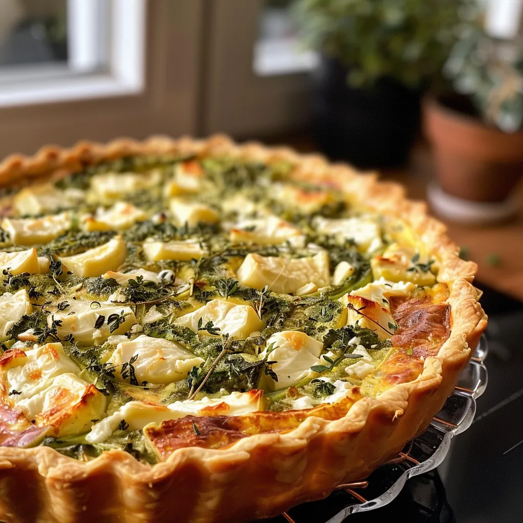 Appetitliche Quiche mit grünem Spargel und Ziegenkäse, in der Mitte eines Esstisches.