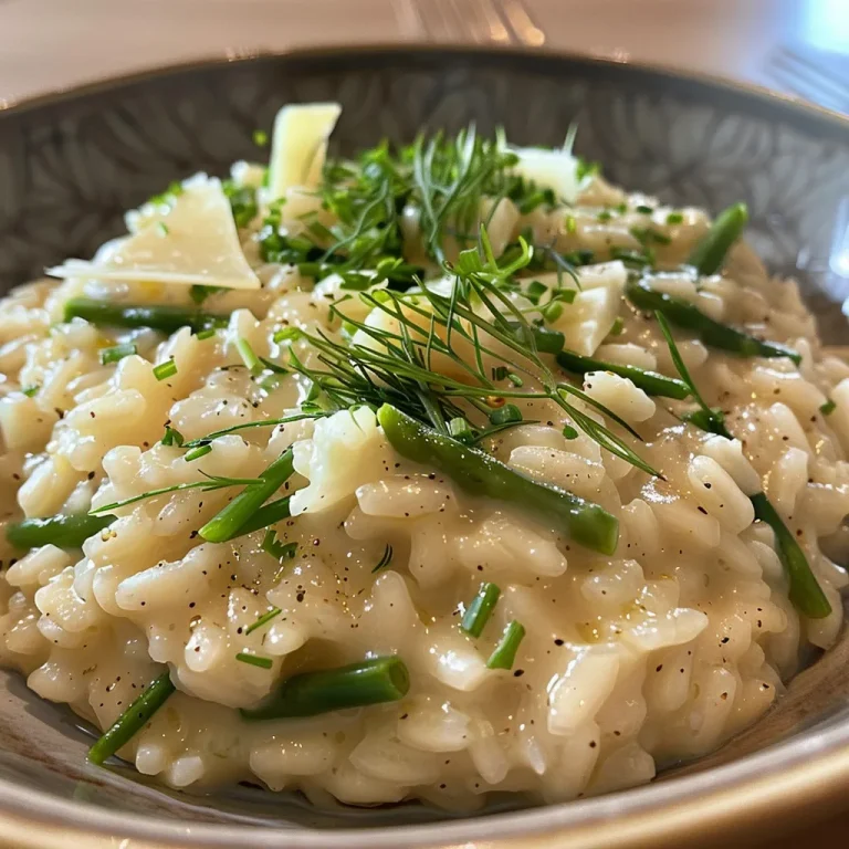 Detailaufnahme von Risotto mit grünem Spargel, serviert in einer Schüssel.