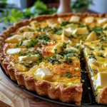 Detailaufnahme einer Quiche, gefüllt mit Spargel und Feta, auf einem Teller serviert.