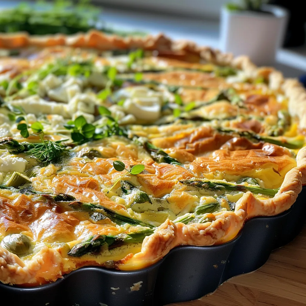 Quiche aus frischem Spargel und Feta, dekoriert mit Frühlingszwiebeln.