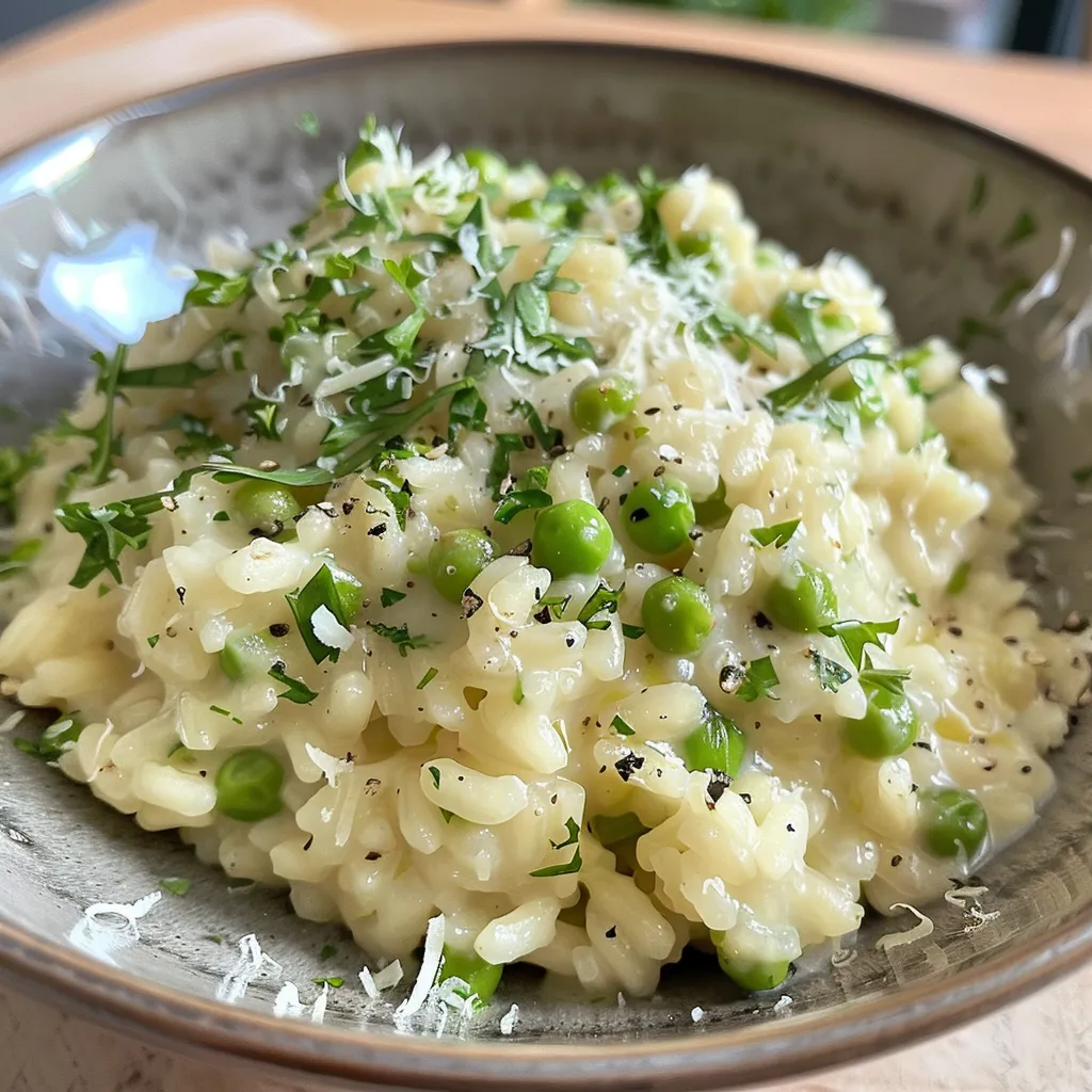 Seiteansicht eines Gerichts mit Spargelrisotto in einer eleganten Schüssel.