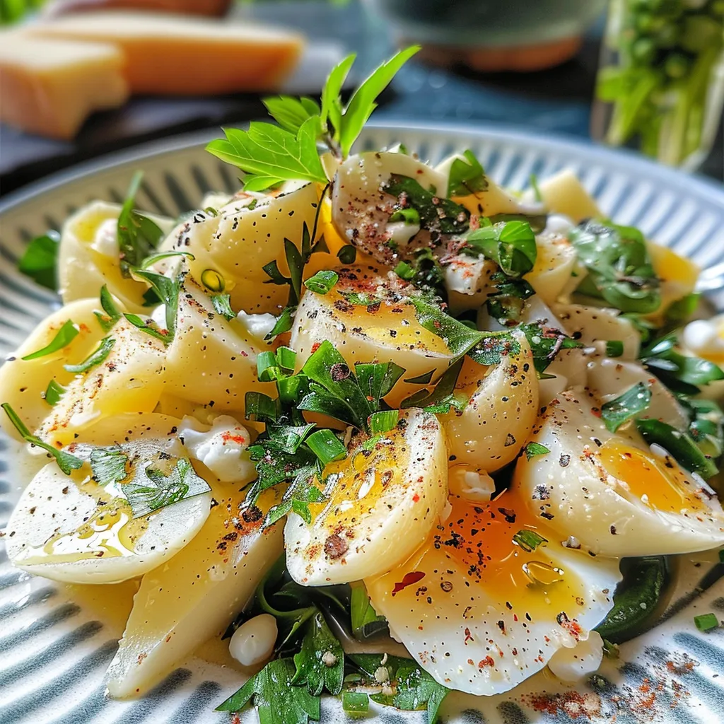 Farbige Präsentation von Spargelsalat mit Ei und Kochschinken, appetitlich.