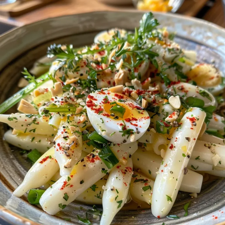 Frischer Spargelsalat in einer eleganten Anrichtung, seitliche Ansicht.