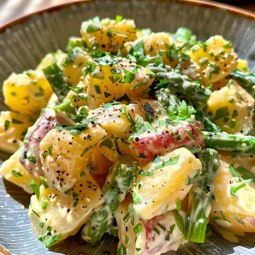 Detailaufnahme von Spargel, Eiern und Dressing in einer Schüssel.