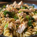 Bunte Mischung aus Thunfisch, Pasta und Gemüse in einem Teller.