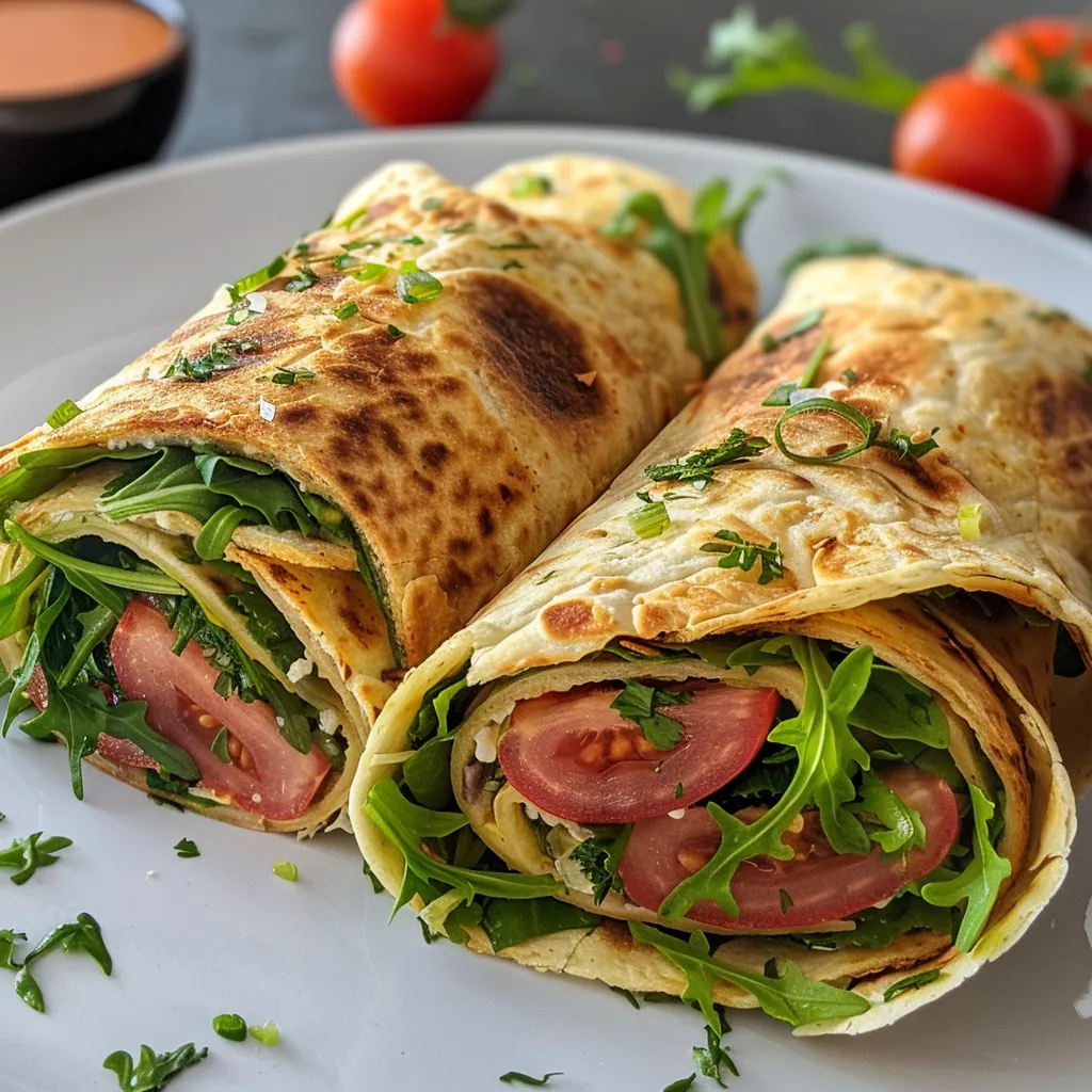 Tortilla-Rollen mit einer Mischung aus Frischkäse, Rucola und gewürfelten Tomaten auf einem Teller.
