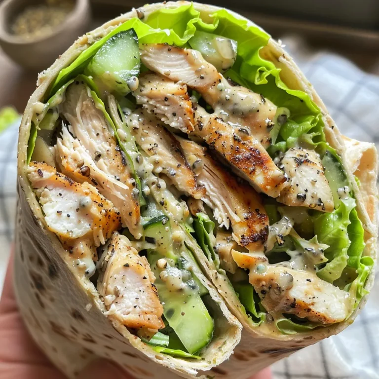 Saftiger Chicken Caesar Wrap mit frischem Römersalat und Dressing.