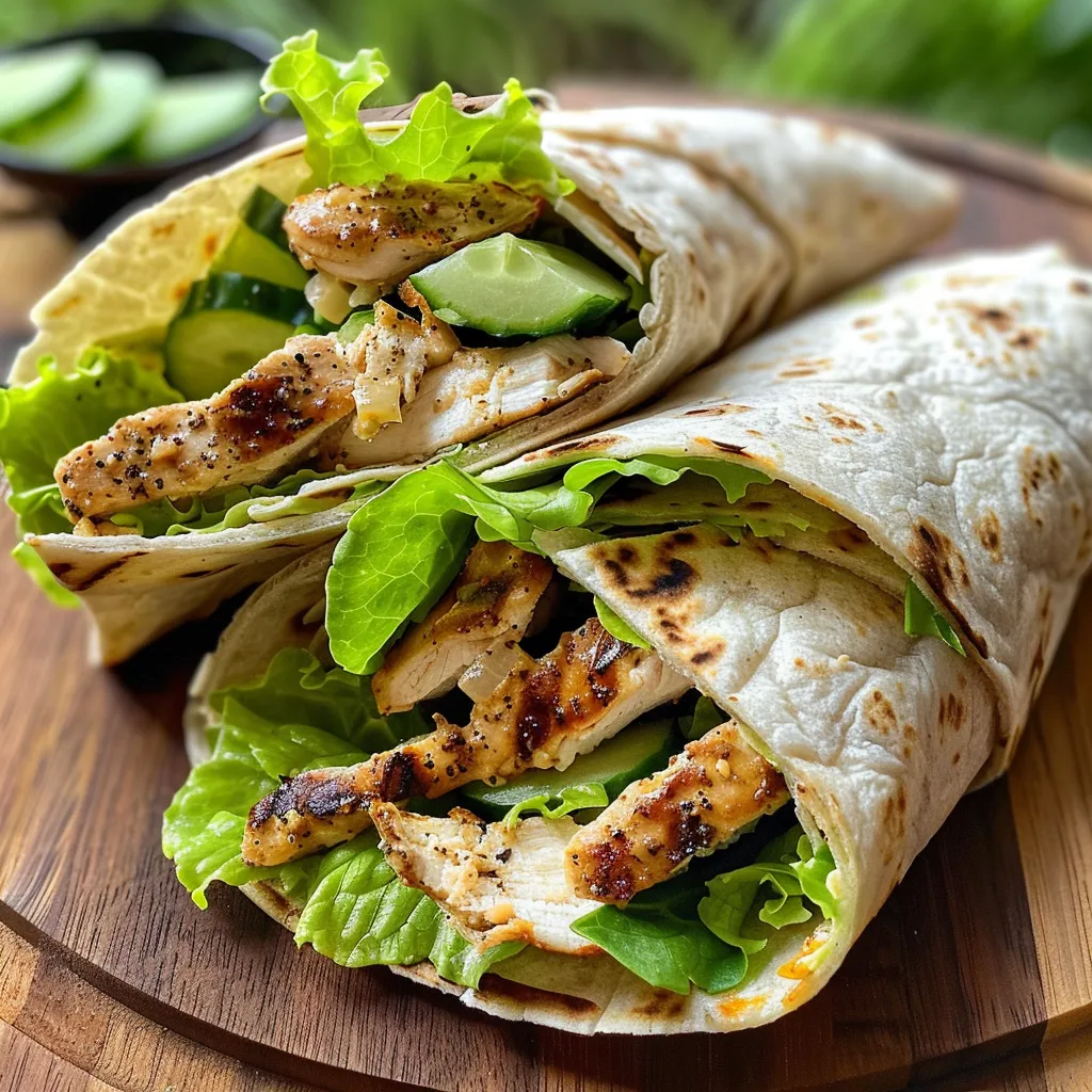 Detailansicht eines vollen und appetitlichen Chicken Caesar Wraps.
