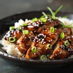 Ofengebackenes Hühnchen in Teriyaki-Sauce, präsentiert mit frischen Zutaten.