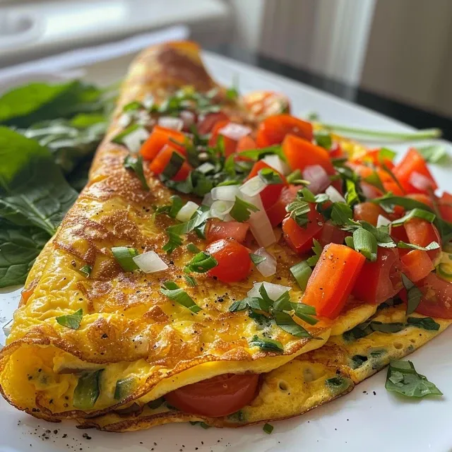 Leckere Gemüseomelette mit Paprika, Zwiebeln und Spinat, serviert auf einem weißen Teller.