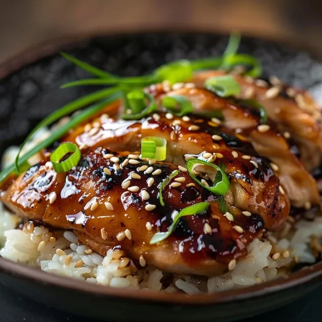 Saftige Hähnchenbrustfilets in einer dicken Teriyaki-Sauce, auf einem rustikalen Tisch.