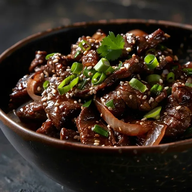 Detailaufnahme von Rindfleisch mit Zwiebeln, frisch und appetitlich präsentiert.