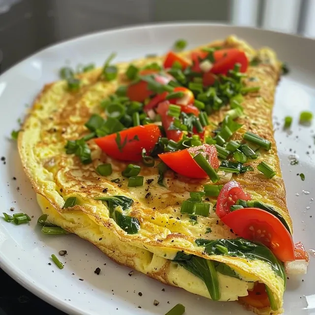 Detailaufnahme einer köstlichen Omelette mit Gemüsefüllung und leicht glänzender Oberfläche.