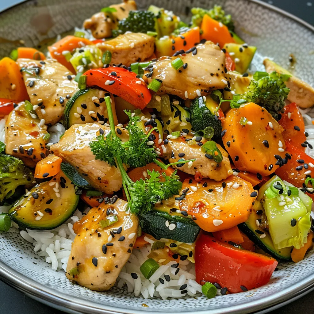 Asiatische Gemüsepfanne mit einer Vielzahl von Gemüsesorten, appetitlich angerichtet.