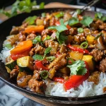 Detailaufnahme einer herzhaften Pfanne mit Weißkohl, Paprika und Zucchini.