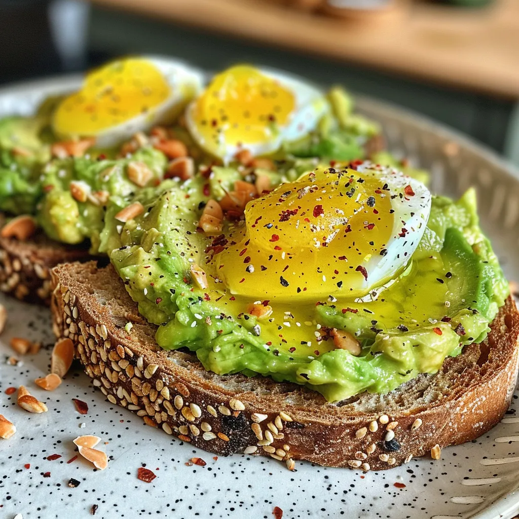 Detailansicht von Avocado Toast mit pochiertem Ei und Gewürzen.