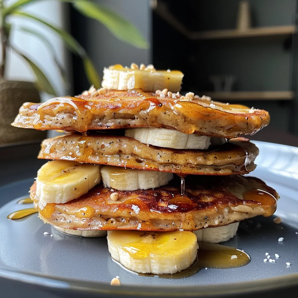 Detailaufnahme von fluffigen Bananenpfannkuchen, dekoriert mit Früchten.