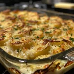 Detailaufnahme eines Bärlauch-Kartoffelgratins, das cremig und herzhaft aussieht.
