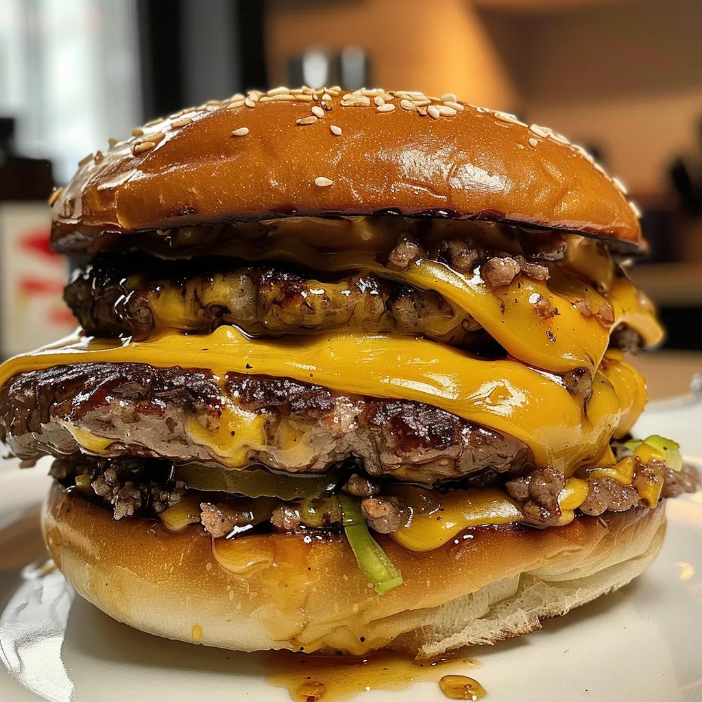 Detailaufnahme eines Burgers mit Rinderhackfleisch und Cheddar-Käse, umgeben von frischen Zutaten.