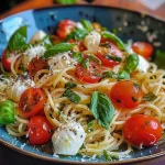 Detailansicht von dampfender Caprese Pasta auf einem Teller.