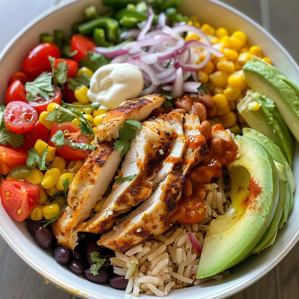 Seitenansicht von einem Chicken Burrito Bowl, gefüllt mit verschiedenen Zutaten.