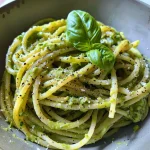 Seiteansicht von Spaghetti mit cremiger Avocado-Sauce.