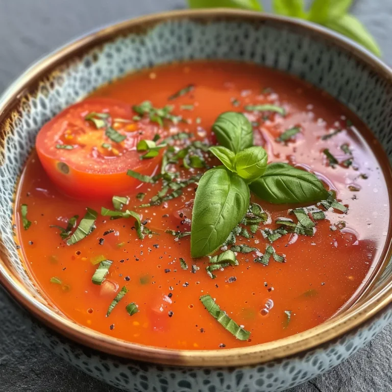 Texturreiche, cremige Tomatensuppe, dekoriert mit Basilikumblättern.
