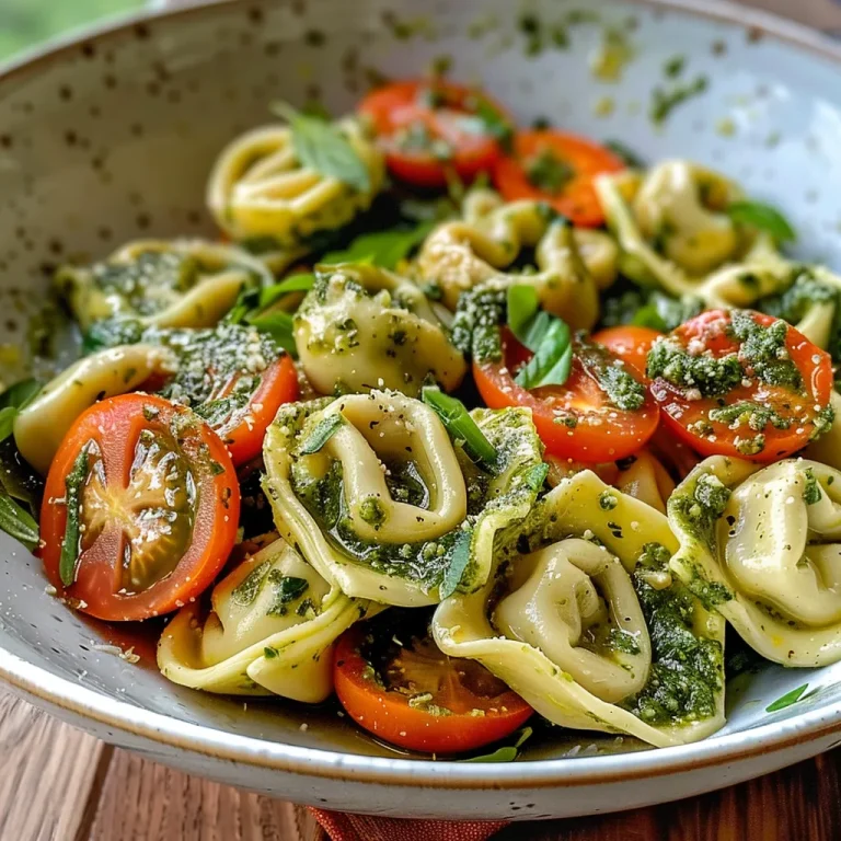 Frischer Tortellini-Salat mit Babyspinat und Kirschtomaten auf einem Teller.