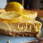 Beigefarbener Cheesecake mit Zitrone und Keksboden, seitlich fotografiert.
