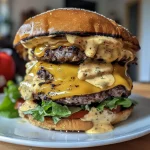 Seitenansicht eines Doppelt Käse Smash Burgers, der auf einem Brioche-Brötchen serviert wird.