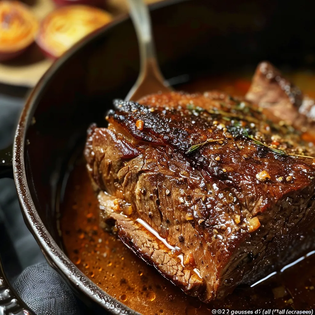 Blick auf ein Gericht Effiloché de Bœuf in einer Cocotte, frisch zubereitet und appetitlich angerichtet.