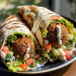 Detailaufnahme von Falafel, Gemüse und Joghurtsoße im Wrap.
